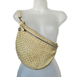 Clare V Grande Fanny Cream Leather Woven Checker Belt Bag Crossbody Handbag